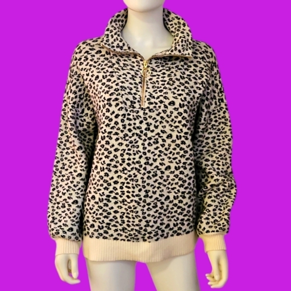 LOFT Cheetah Leopard Print High Collar Zipper Heavyweight Pullover Sweater - Picture 1 of 7